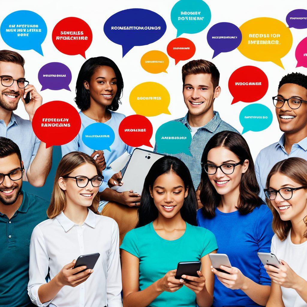 A collage of diverse consumers engaged in reviewing products on digital devices, with colorful speech bubbles showcasing snippets of their insightful comments. Include a magnifying glass highlighting some reviews and shop items in the background, symbolizing informed purchases. Use vibrant colors to represent the dynamic nature of consumer insights. super-realistic. vibrant colors. white background.