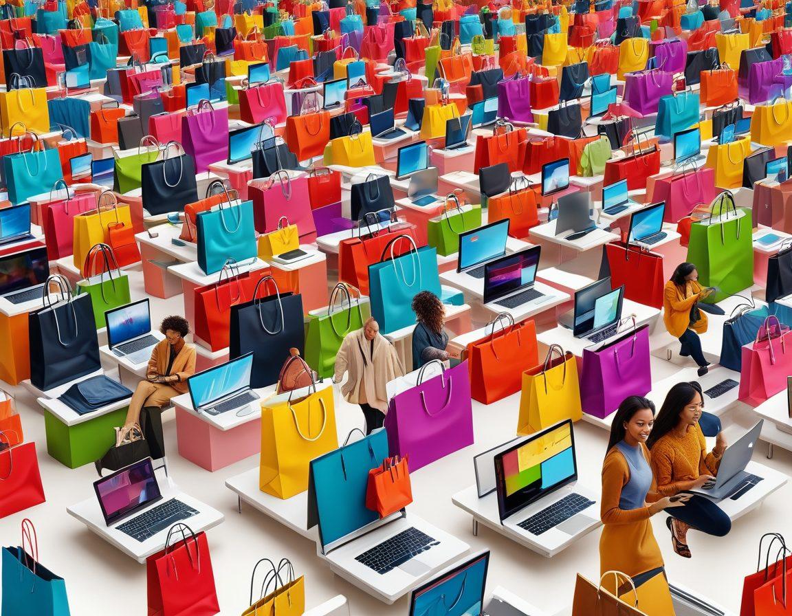 An engaging online shopping scene featuring a diverse group of people browsing on laptops and mobile devices, vibrant shopping carts filled with various trendy items, digital screens showcasing sale notifications and coupons, a modern urban backdrop with playful ecommerce elements like shopping bags and icons floating in the air. super-realistic. vibrant colors. white background.